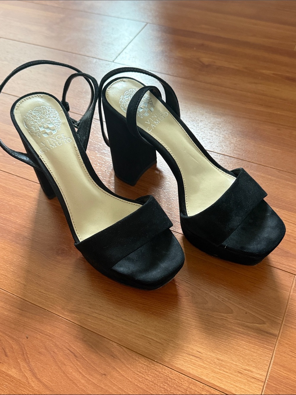 Vince Camuto Black Suede Block Heel Sandals with Ankle Strap 6.5